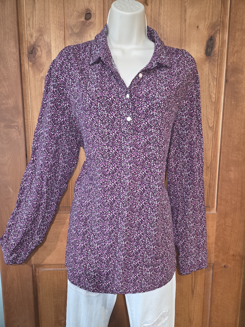 GAP Purple Speckled Collared Button-Front Long Sleeve Top